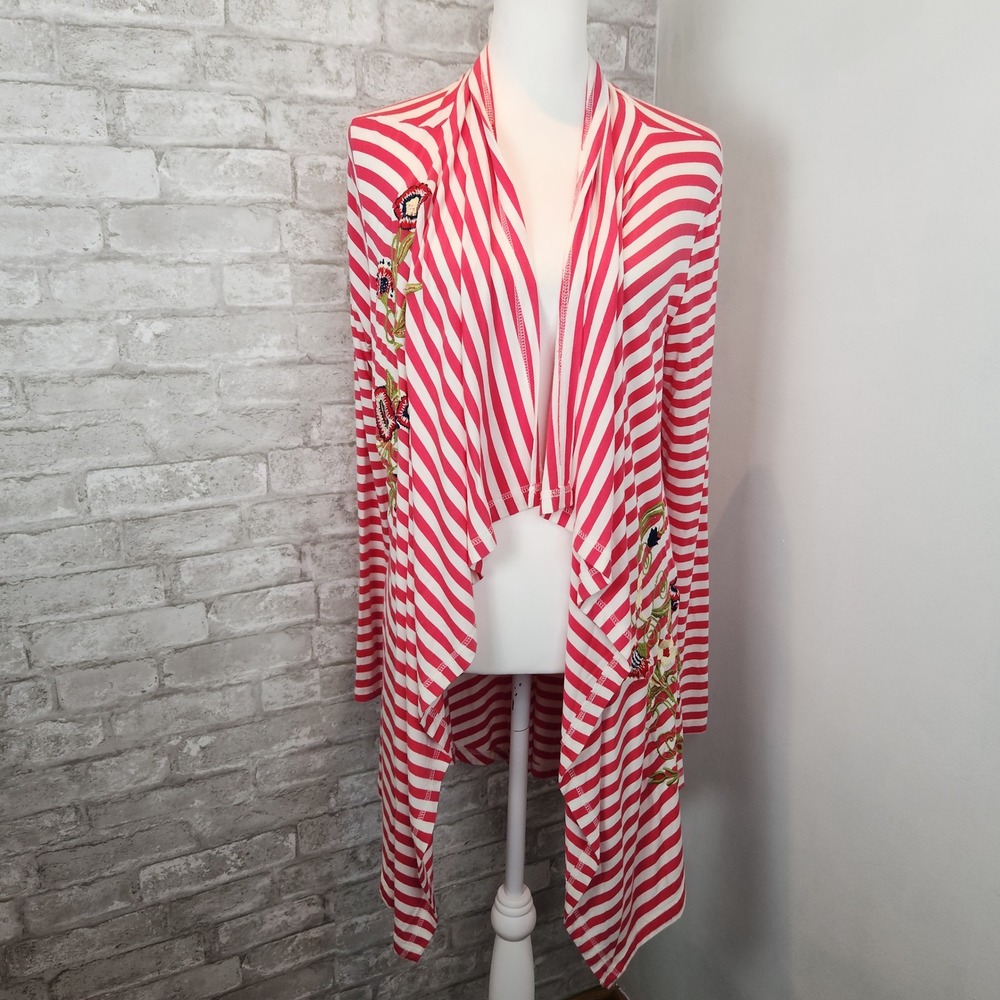 Soft Surroundings Open Cardigan Embroidered Stripe Floral Boho Nautical Size M